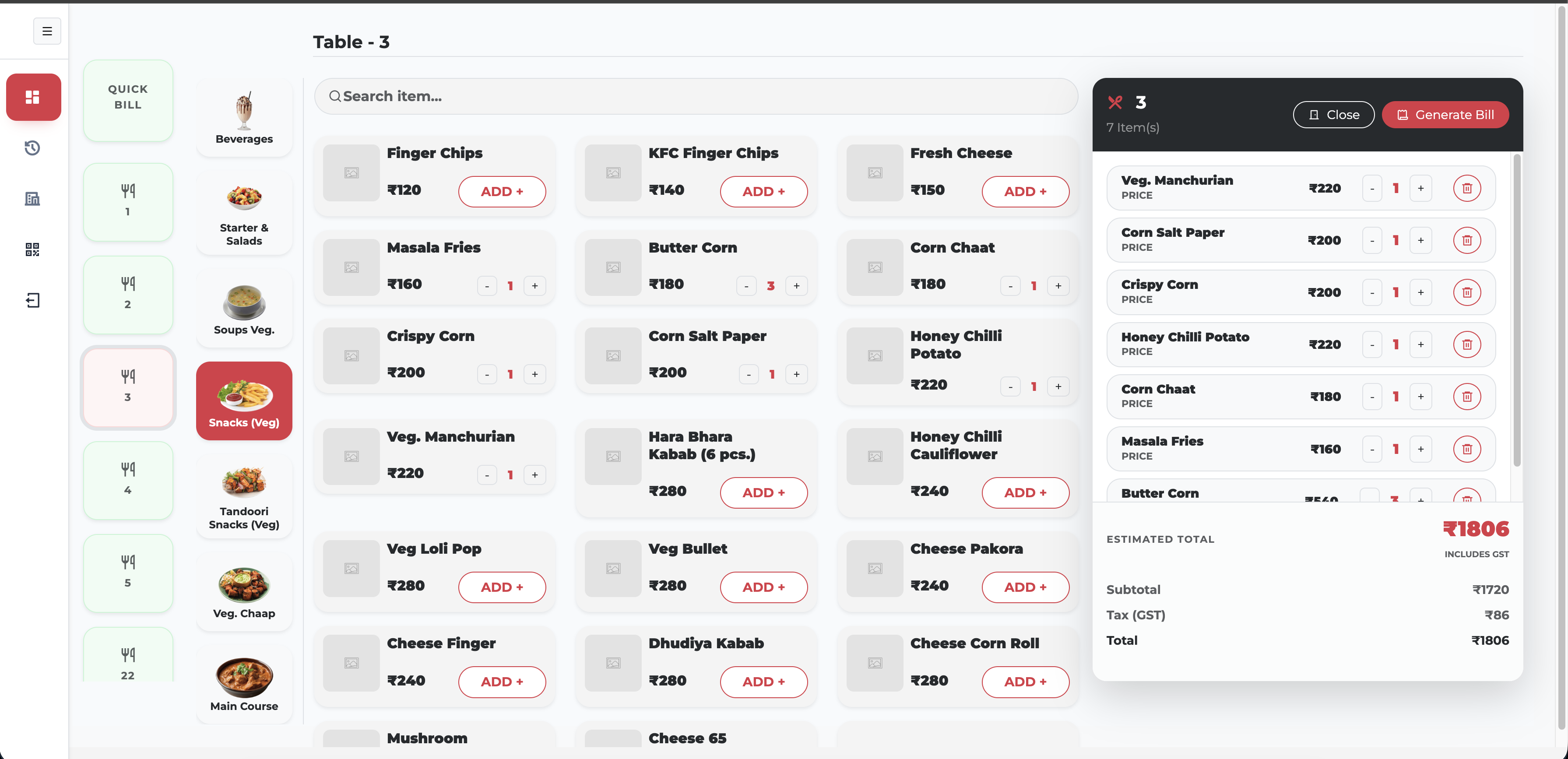 RestroPartner restaurant POS dashboard showing menu categories, food items and a live order bill